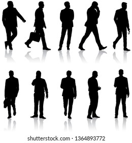Set Black silhouette man standing, people on white background
