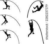 set black silhouette man and woman athlete pole vault on white background, summer sports, vector illustration