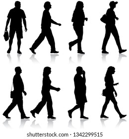 Set Black silhouette man and woman standing, people on white background