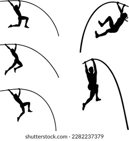 set black silhouette man and woman athlete pole vault on white background, summer sports, vector illustration