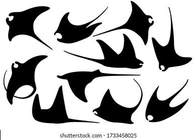 Set of black silhouette manta ray underwater giant animal with wings simple cartoon character design flat vector illustration isolated on white background