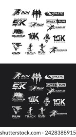 Set Of Black Silhouette Marathon Run Logo Template With Running People illustration, 5K, 10K, 21K half marathon	