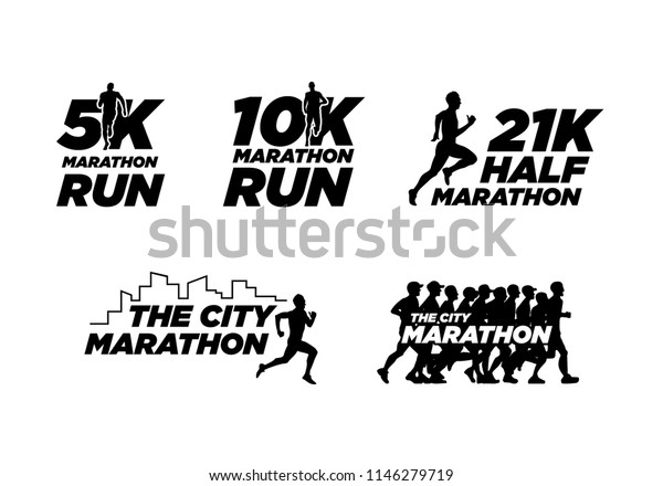 走者イラストと黒いシルエットマラソンのイベントロゴテンプレート 5k 10k 21kハーフマラソンベクター画像eps10 のベクター画像素材 ロイヤリティフリー