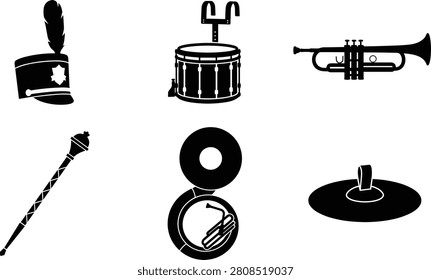 Set of black silhouette marching band icons including hat, drum, trumpet, baton, sousaphone, and cymbal for music and parade design projects