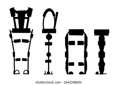 Set of black silhouette medical exoskeleton isolated on white background. Help for people with disabilities. The future and innovation. Vector exosuit. Object for banner, articles and your design