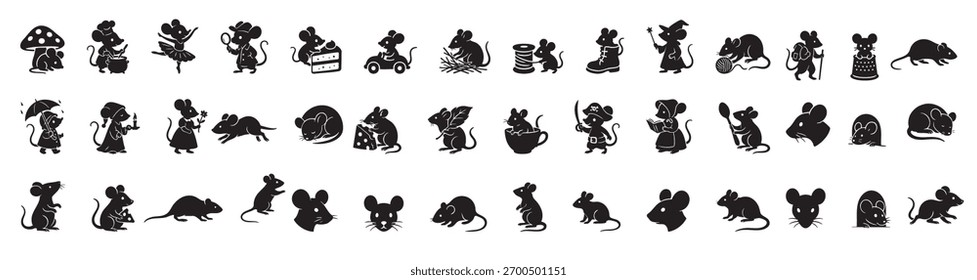 Conjunto de ratos silhueta preta em vários cenários divertidos, isolado no fundo branco. conceito de personagens do rato bonito, brinquedos infantis, natureza, vida selvagem, roedores, ícones infantis, elementos de design.