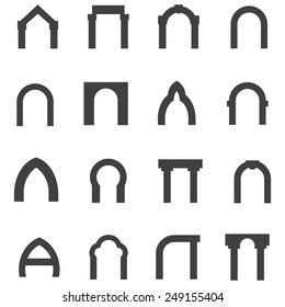 Set of black silhouette monolith vector icons for different types of arch on white background.