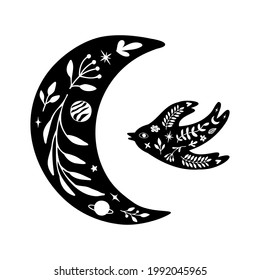 Set of black silhouette of moon, bird with white floral elements. Vector illustration in linocut style. 