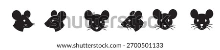 Set of black silhouette mouse faces isolated on white background. concept of icon, logo, rodent illustration, cute animal, design element, graphic art, cartoon character.