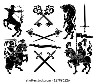 Set of black silhouette on knight, minotaur and centaur heraldry element.