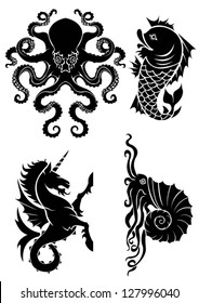 Set of black silhouette on sea heraldry element