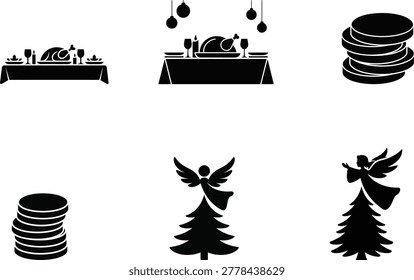 A set of black silhouette on a white background showing a dining table with a turkey, stacks of plates, and an angel topper on a Christmas tree, capturing festive holiday imagery.