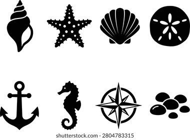 A set of black silhouette on a white background, featuring various nautical and marine symbols, including a sea shell, starfish, sand dollar, scallop shell, anchor, seahorse, compass, and sea pebbles.