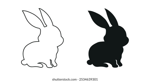 Set of Black Silhouette and Outline of Sitting Rabbits Isolated on a White Background. Cute Bunny or Hare. Concept of Animal Illustration, Minimalist Design, Easter Theme, Icon, Logo, Design Element