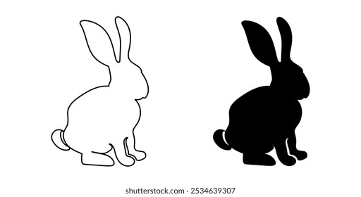 Set of Black Silhouette and Outline of Sitting Rabbits Isolated on a White Background. Cute Bunny or Hare. Concept of Animal Art, pet, Minimalist Design, Easter Theme, Icon, Logo, Design Element