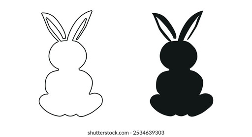 Set of Black Silhouette and Outline of Toy Rabbits Isolated on White Background. Easter Bunny. Cute hare. Concept of Toy Animal, Pet Illustration, Minimalist Style. Design Element, Icon, Print, Logo