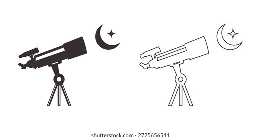 Satz von schwarzen Silhouetten- und Umriss-Vektorsymbolen mit einem Teleskop, Halbmond und Stern, die Astronomie, Beobachtung des Nachthimmels und wissenschaftliche Erkundung darstellen.