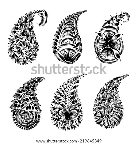 set of black silhouette paisley