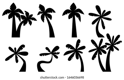 Set black silhouette palm trees isolated on white background. Flat design. Vector illustration