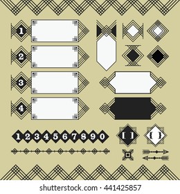 Set of black silhouette parallel lines web site, portfolio, and blog numerical banners, and design elements with sharp edges on beige background