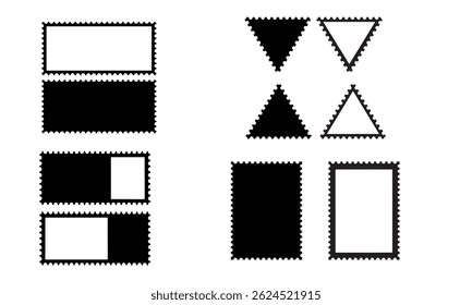 Set of Black Silhouette Postage Stamp, Jagged Edges and Geometric Patterns in silhouette vector style with white background