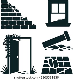 Set of black silhouette representing construction, demolition, and building including a brick wall, broken window, open door with vines, hammer, and cracked