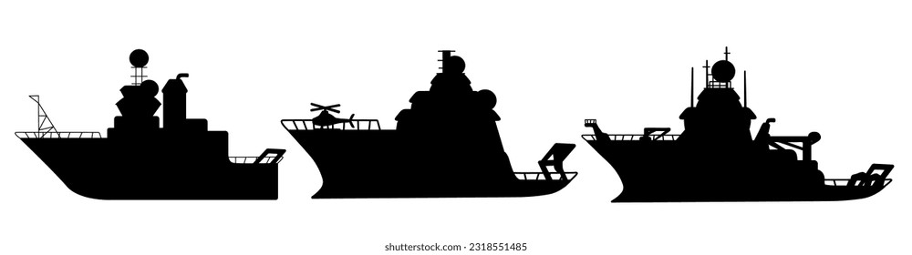 Set of black silhouette research vessels for sea exploration, expedition ships shapes with helicopter illustrations isolated on white background. Can be used for Adventure, exploration, voyage topics