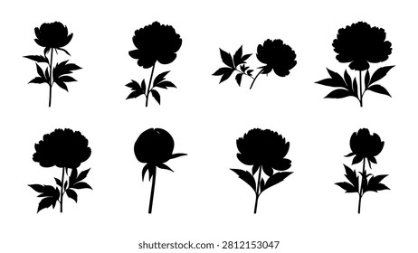 A set of black silhouette roses showcasing different shapes and sizes, emphasizing floral elegance and artistic design in monochrome style.