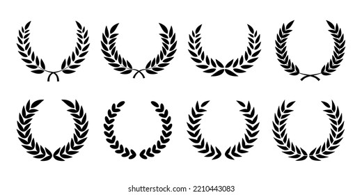 Set black silhouette of round laurel foliage, wheat, depicting an award, an achievement on a isolated background. Floral greek branch emblem flat style. Vector EPS 10