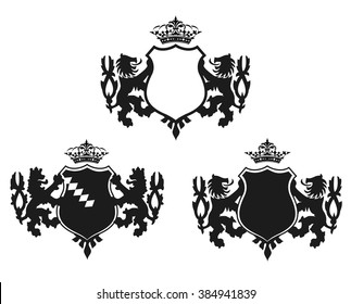 Set of black silhouette of royal heraldic emblem, lions, badge, crown, ribbons, symbol isolated on white background