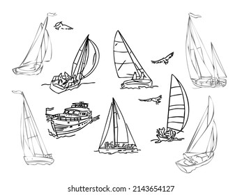 A set of black silhouette sailboats, a set of sailboat badges. doodle style. Vector collection with hand-drawn yachts