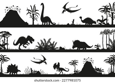 Set of black silhouette scenes with different dinosaurs flat style, vector illustration on white background. Prehistoric carnivores and herbivores creatures, volcanoes, nature