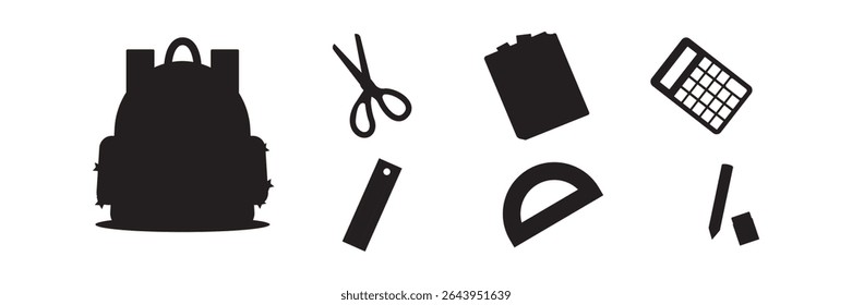 Set of black silhouette school supplies icons. Ideal for education themes, stationery, and back-to-school projects.