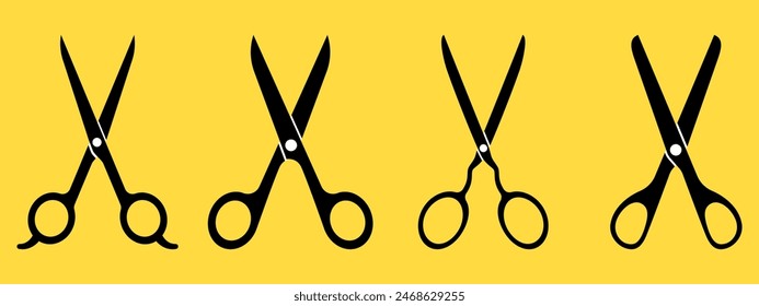 Set of black silhouette scissors on yellow background . Vector Illustration