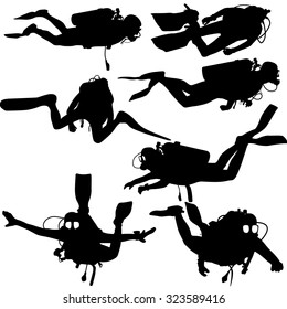 Set black silhouette scuba divers. Vector illustration.