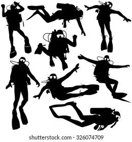 Set black silhouette scuba divers. Vector illustration.