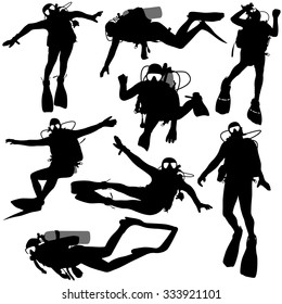 Set of black silhouette scuba divers. Vector illustration.