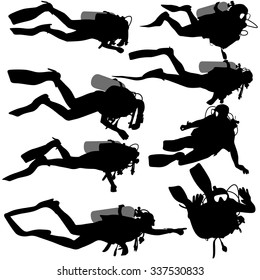 Set black silhouette scuba divers. Vector illustration.