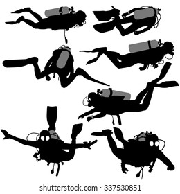 Set black silhouette scuba divers. Vector illustration.