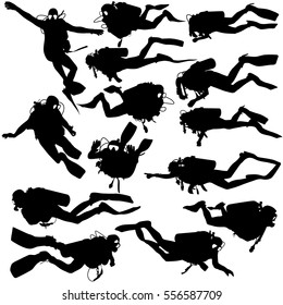 Set black silhouette scuba divers. Vector illustration.