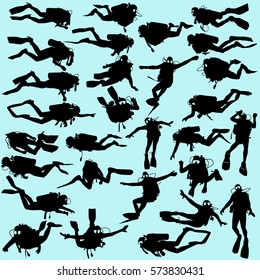 Set black silhouette scuba divers. Vector illustration.