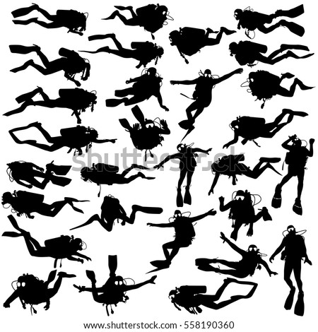 Set black silhouette scuba divers. Vector illustration