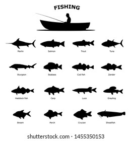 Set of black silhouette of sea river fish. Vector illustration isolated on white background. Fish icon collection, side view. The concept of fishing.