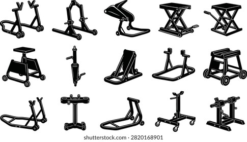 A set of black silhouette showing various motorcycle maintenance stands, paddock lifts, and workshop repair equipment and tools.
