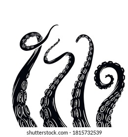 Set of black silhouette sketches octopus tentacles. Creepy limbs of marine inhabitants. Vector object for logos, tattoos, cards and your design.