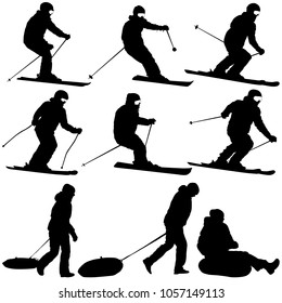 Set Black silhouette of skiers and people with rubber tube sled on white background