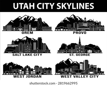 A set of black silhouette skylines representing Salt Lake City, West Valley City, Provo, West Jordan, Orem, and St. George, Utah.