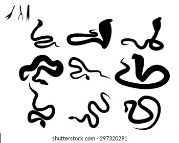 Set Of Black Silhouette Snake And Snake Tongue,vector Snake Clipart Isolated On White Background. Top And Side View.