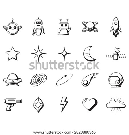 Set of black silhouette space robots and planets icons. Includes cute robots, rockets, stars, moon, satellites, UFOs, astronauts, galaxies, comets, space guns, crystals, lightning bolts, hearts, clouds, and sun icons. Ideal for sci-fi, cosmic, or children's designs.
