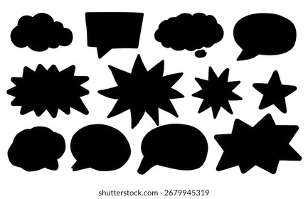 Satz von schwarzen Silhouetten-Sprechblasen und Comic-Sternenformen, perfekt für Cartoon-Design und Pop-Art.